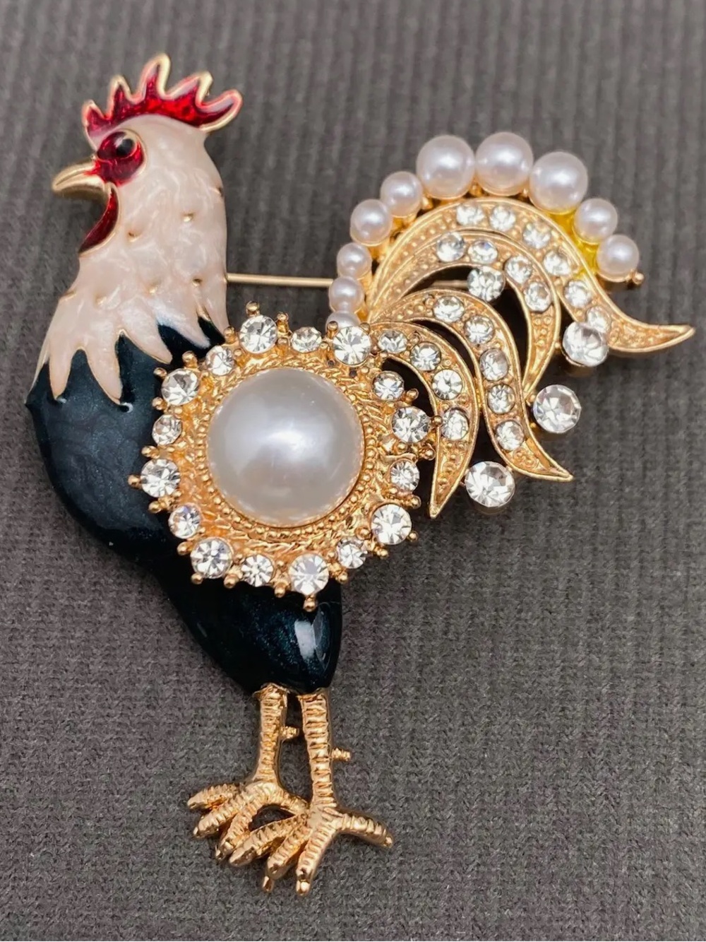 Rooster Gold Tone Brooch with Pearls and Crystals NWT - Picture 2 of 4